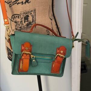 Vintage Green and Orange Leather Satchel